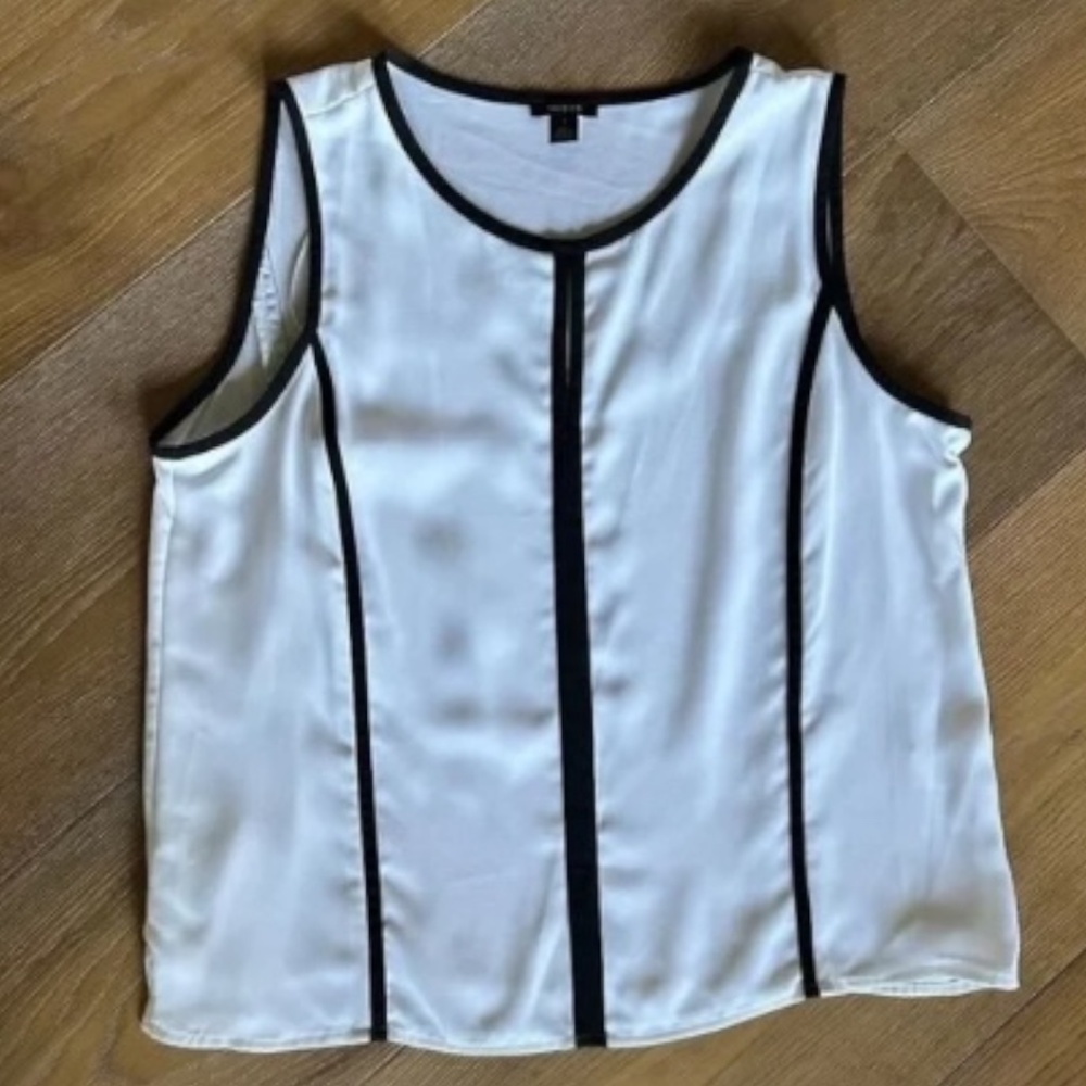HALOGEN Tipped Sleeveless Top Bright White Jewel Neck Keyhole Blouse Size L - Picture 2 of 9